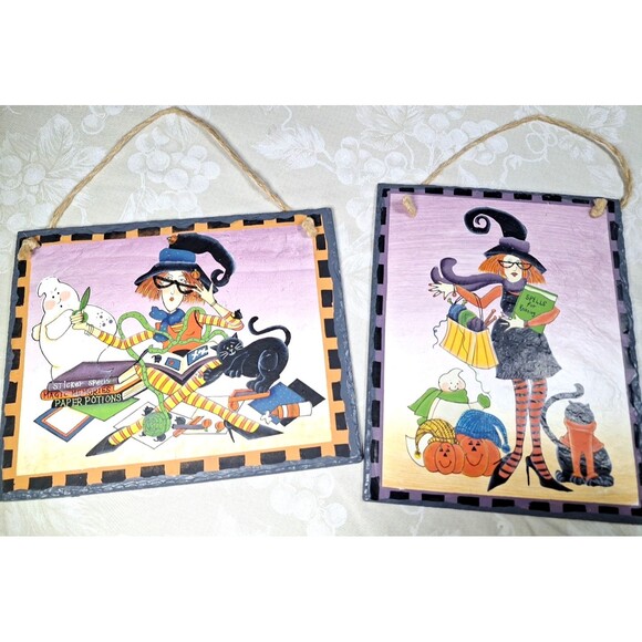 2 Halloween Witch Spells Wall Hangings 10" x 8” Slate Art Plaques Pictures Decor - Picture 2 of 7